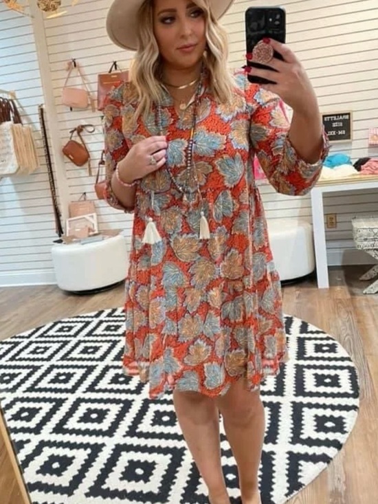 THML Dresses & Skirts - THML Rust Orange Floral Tassel-Front Long Sleeve tiered mini Dress size S